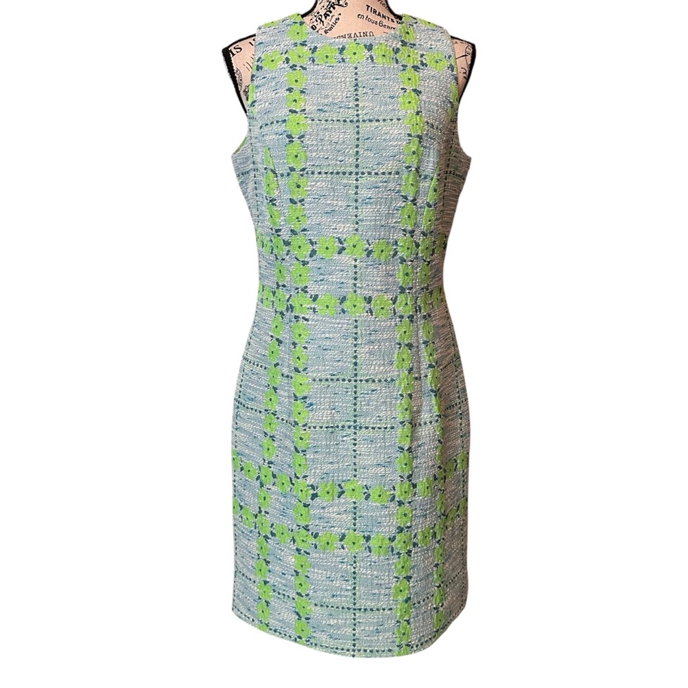 Sara Campbell Pastel Floral Tweed Sheath Dress 8 Bright Blue Green Spring Chic